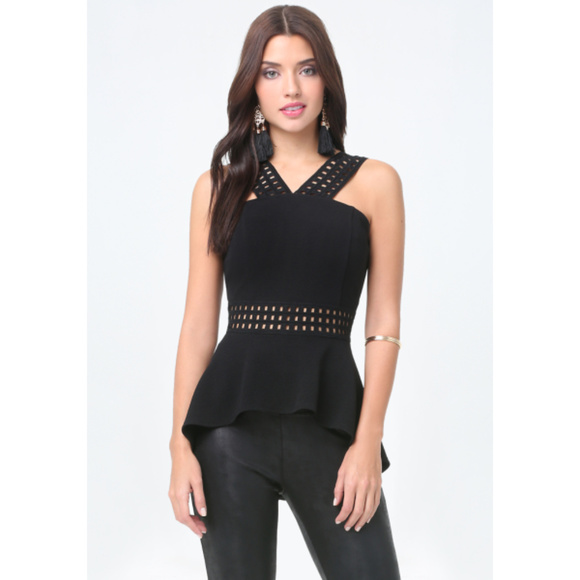 bebe Tops - Bebe Cage Trim Flowy Peplum Top